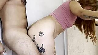 Horny housewife caught late in bath towel drops revealing huge cock for pussy pounding