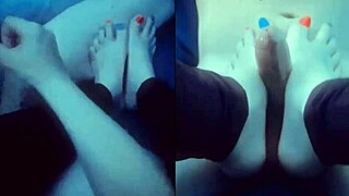 barefoot goddess strokes cock with soft hands and tiny feet on multi screen 👣💦
