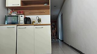 risky kitchen fuck with hubby's friend while he showers nearby