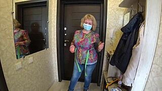 visiting friend bends over as milf in white panties straps on for intense doggystyle