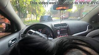 Sloppy car blowjob with windows down, everyone watches her huge ass while she swallows cum