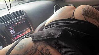 Sloppy car blowjob with windows down, everyone watches her huge ass while she swallows cum