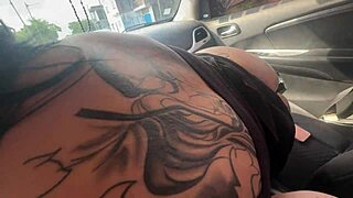 Sloppy car blowjob with windows down, everyone watches her huge ass while she swallows cum