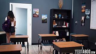 mature latina teacher bends petite teen over desk for hardcore pounding