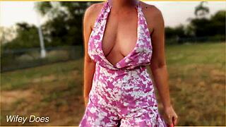 wife flashes massive tits in public