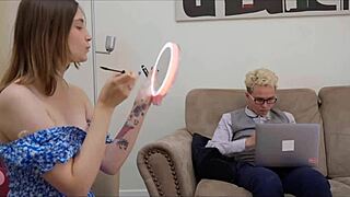 Sexy brunette funky town tempts rough cock ride while desperate husband watches closely