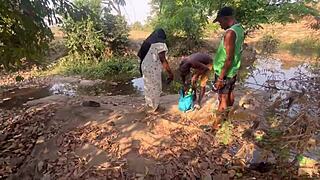 Suggestive country threesome with shy big ass ebony beauty bent over