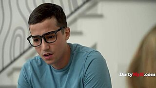 Oiled milf seduces nerdy guy for hardcore pussy fuck and cum fill