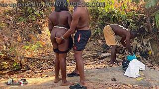 Suggestive country threesome with shy big ass ebony beauty bent over