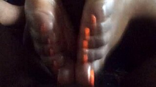 Aalyah's chubby ebony feet stroke massive black cock in steamy footjob