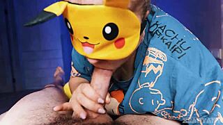 Pikachu Asian Blindfolded Teases Huge Cock Handjob Footjob Suck