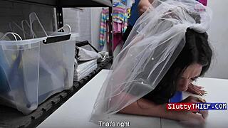 Petite latina bridesmaid caught stealing dildos punished on security desk