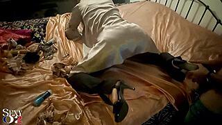 Zebra in satin corset and leather pants begs for doggy blowjob and ass lick POV