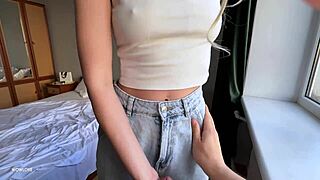 Skinny Blonde Slips Tight Panties On For Quick Secret Cum While Boyfriend Waits Outside