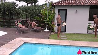 two naughty brunettes host wild fuck party riding big cocks everywhere