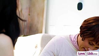 busty brunette milf gets her strapon ridden hard by eager young pussy licking