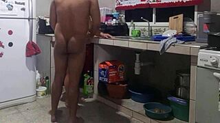 mature beauty strokes cock in kitchen craves doggy