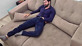 Exhausted from work I strip and jerk my huge cock home alone