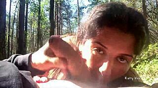 young slut drops to knees sucking stranger's cock deep in public woods