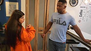 Busty jennie seduces pizza guy in kitchen interracial