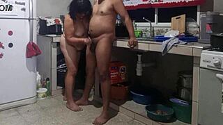 mature beauty strokes cock in kitchen craves doggy