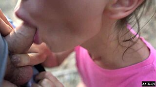 Whispered temptations: mouth fucked deep in forest, pov creampie finish.