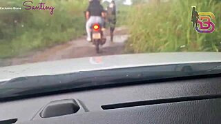 nearly caught by cop husband flashing and fucking monster cock inside the car publicly