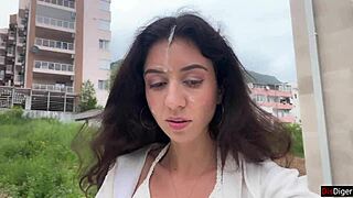 babe bends over outdoors for rough doggystyle pounding then cumwalk with facial load