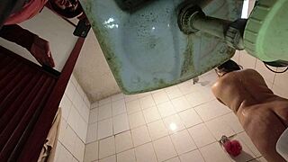 Pervert Sneaks In Bathroom Watching Latina Uniform Strip