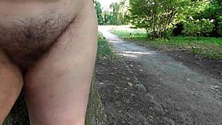 hairy chubby mature flashes beaver pussy under skirt in public park