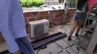 Sexy engineer spots horny brunette and fucks near tools