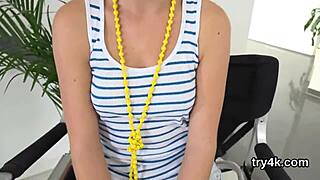 elegant teen kneels for pov blowjob then tight pussy hammered hard