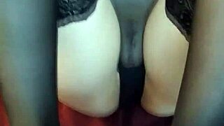 Amateur babe tries first footjob in stockings POV homemade with small tits