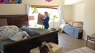 curvy milf gets naughty bent over in bedroom creampie fun