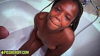 Petite Ebony 18+ Cutie Gulps Piss While Deepthroating Massive White Cock in Shower