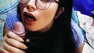 Extreme latina glasses blowjob cum long hair 💦