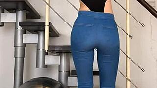 chinese dancer grooves seductively in tight jeans to music