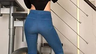 chinese dancer grooves seductively in tight jeans to music