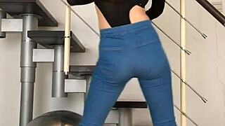 chinese dancer grooves seductively in tight jeans to music