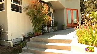 A sultry brunette tempts her blonde friend into outdoor pussy fingering