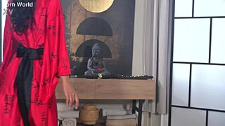 Kimono cuties Lia Lin April Maxima swap dildo for masseur's throbbing cock