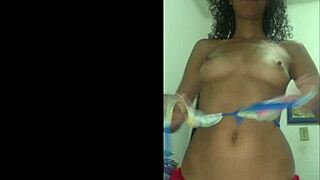 curly latina wife flashes juicy shaved pussy in tight red bikini