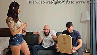 pizza delivery turns into wild 3on1 dp dap piss fest with bille star, messy cum mouthful
