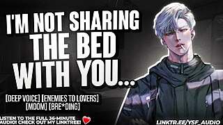 You're forced to share bed with cocky enemy in heated roleplay audio