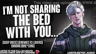 You're forced to share bed with cocky enemy in heated roleplay audio