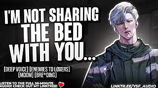 You're forced to share bed with cocky enemy in heated roleplay audio