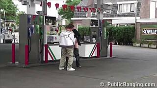 very pregnant babe bangs two guys hard at public gas station