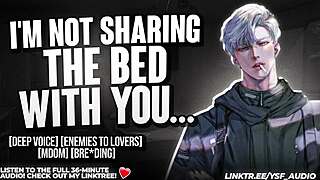 You're forced to share bed with cocky enemy in heated roleplay audio