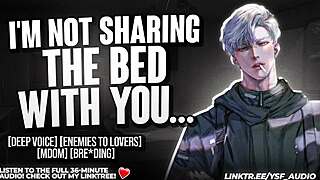 You're forced to share bed with cocky enemy in heated roleplay audio