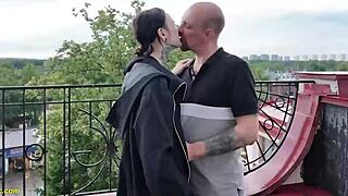 small ass stretched rough on public rooftop